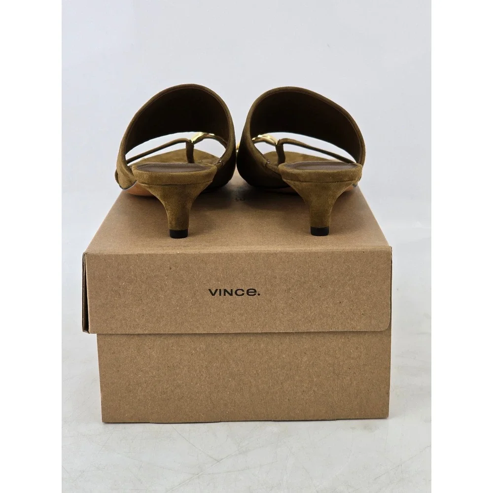 Vince Suzie Kitten Heel Sandals Womens 5 Olive Green Suede Toe Ring - NEW